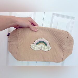 Stoney Clover Lane Beige Corduroy Cosmetic Bag with Rainbow Patch